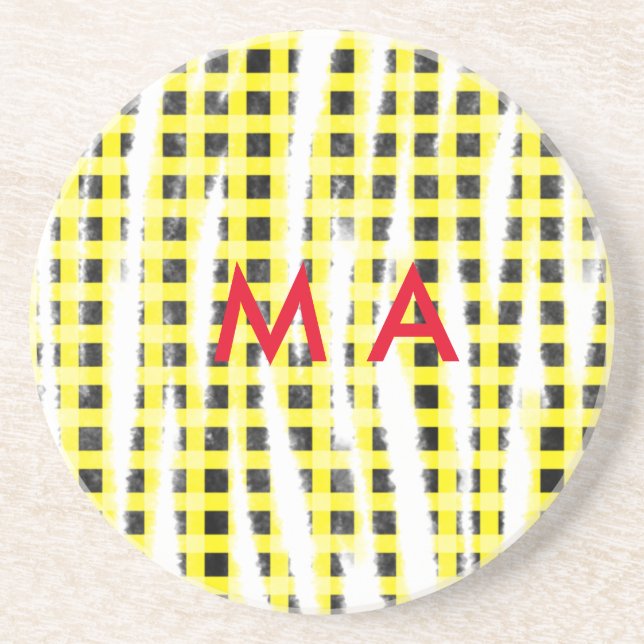 Yellow Black checkboard add name monogram name let Getränkeuntersetzer (Vorne)