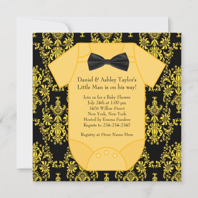 Yellow Black Damask Baby Boy Showe Einladung (Vorderseite)