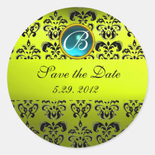 YELLOW BLACK DAMASK MONOGRAM, blaues Turquase Runder Aufkleber
