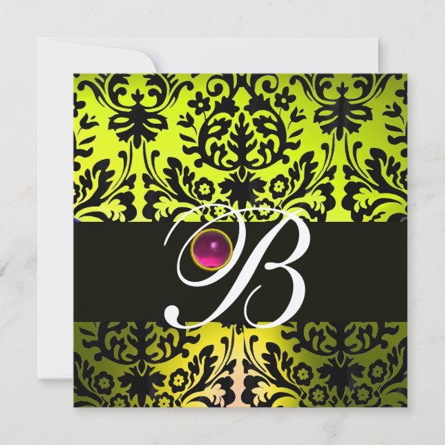 YELLOW BLACK DAMASK MONOGRAMM PINK LILA Amethyst Einladung (Vorderseite)