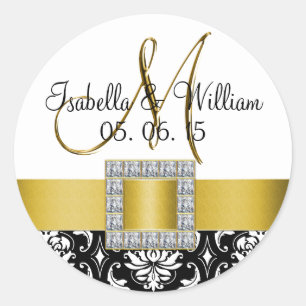 Yellow Black Damask Wedding Favor Sticker