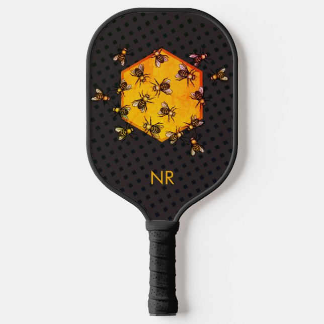 Yellow Black Honey Bees Custom Beekeeper Monogram Pickleball Schläger (Vorderseite)