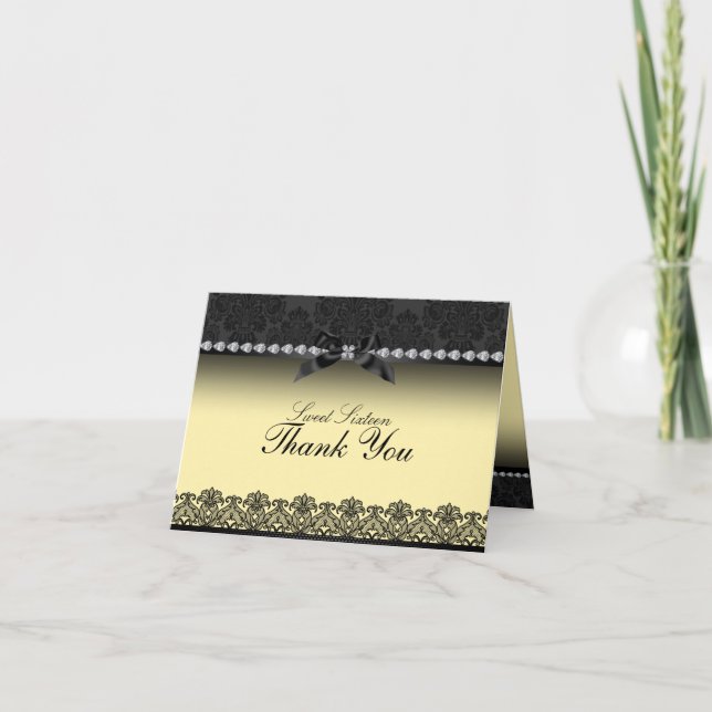Yellow & Black Lace Sweet16 Danke Karte (Vorderseite)