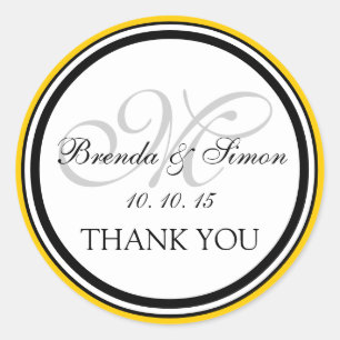 Yellow Black Monogram M Wedding Danke Runder Aufkleber