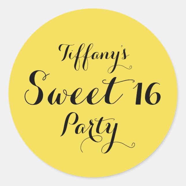 Yellow Black Sweet 16-Gastgeschenk-Aufkleber Runder Aufkleber (Vorderseite)