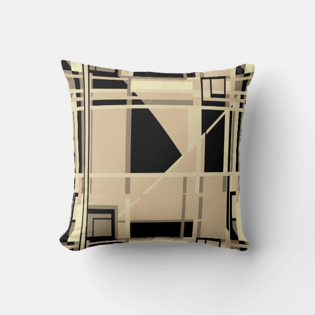 Yellow Black Taupe Rich Tan Abstrakt Labyrinth Kissen (Vorderseite)