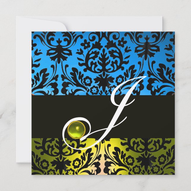 YELLOW BLUE BLACK DAMASK MONOGRAM Topaz Einladung (Vorderseite)