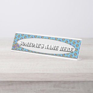 Yellow-Blue Blume Ribbon von Kenneth Yoncich Schreibtischnamensplakette