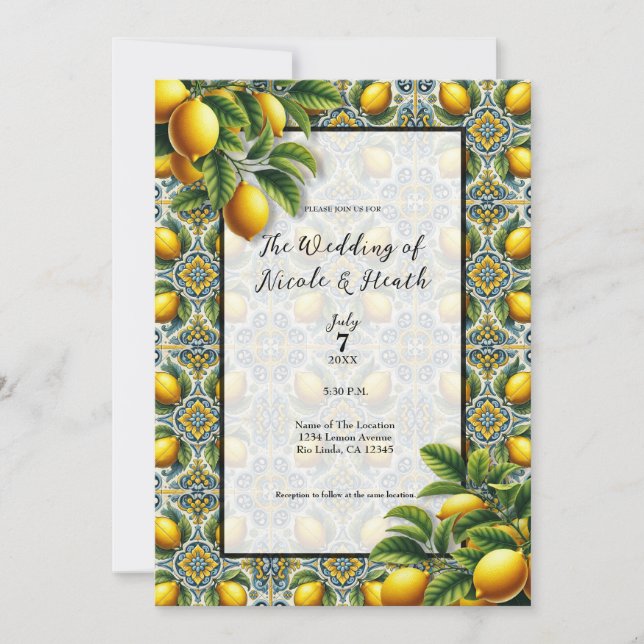 Yellow Blue Capri Lemon Mediterrane Hochzeit Einladung (Vorderseite)