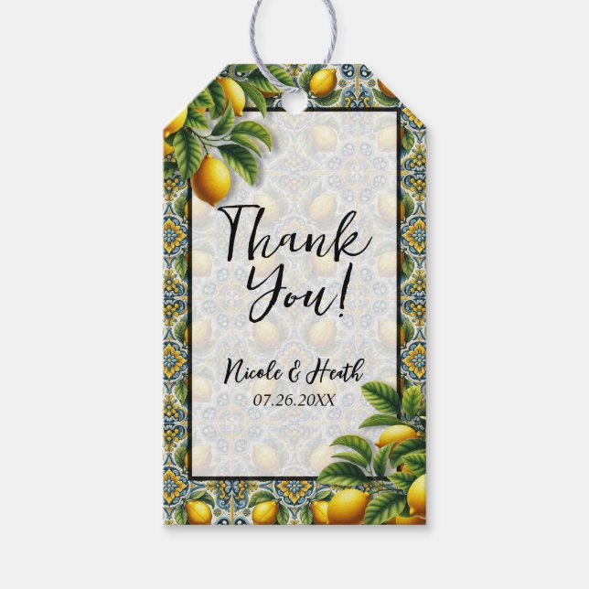 Yellow Blue Capri Lemon Mediterrane Hochzeit Geschenkanhänger (Vorderseite)