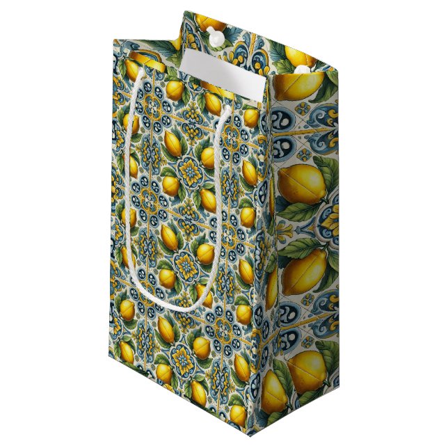 Yellow Blue Capri Lemon Mediterrane Hochzeit Kleine Geschenktüte (Vorderseite Schrägansicht)
