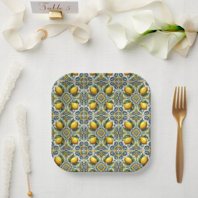 Yellow Blue Capri Lemon Mediterrane Hochzeit Pappteller (Hochzeit)