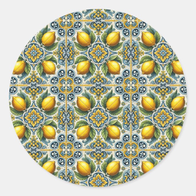 Yellow Blue Capri Lemon Mediterrane Hochzeit Runder Aufkleber (Vorderseite)