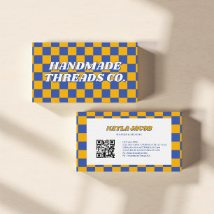 Yellow Blue Checkerboard Modern Retro Visitenkarte