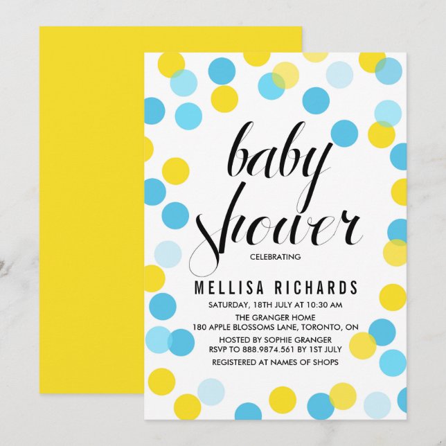 Yellow & Blue Confetti Polka Dots Baby Dusche Einladung (Vorne/Hinten)