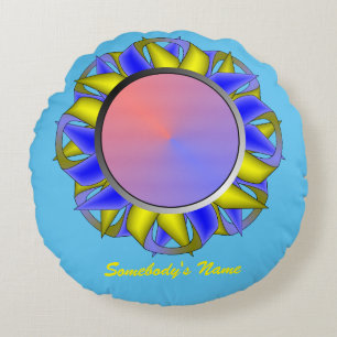 Yellow Blue Disk Ribbon von Kenneth Yoncich Rundes Kissen