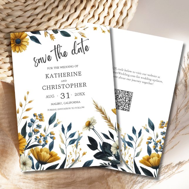 Yellow Blue Elegante Wildblume Wedding Save The Date (Blue Yellow Wildflower Floral Elegant Save the Date Card with QR Code for Wedding Website.)