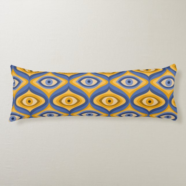 Yellow Blue Eye Art Deco Geometrisches Muster Seitenschläferkissen (Vorderseite)