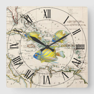 Yellow & Blue Fish ~ West Indies ~ Karibisches Mee Quadratische Wanduhr