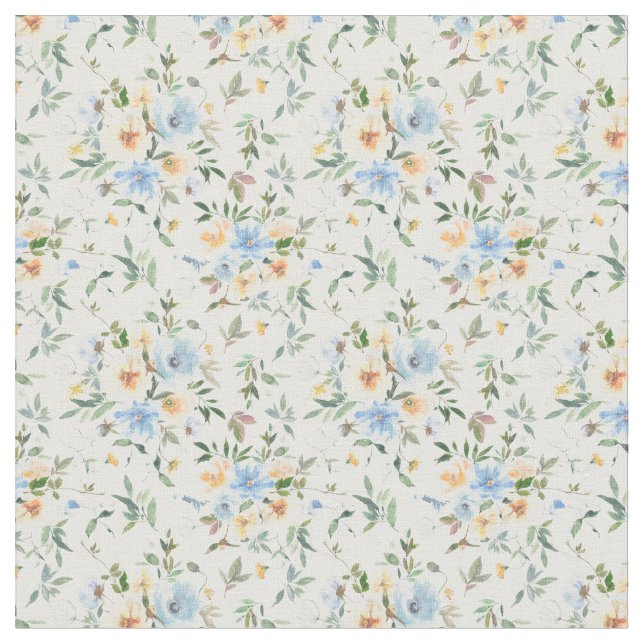 Yellow Blue Floral Muster Baumwollstoff Stoff (Nahaufnahme)