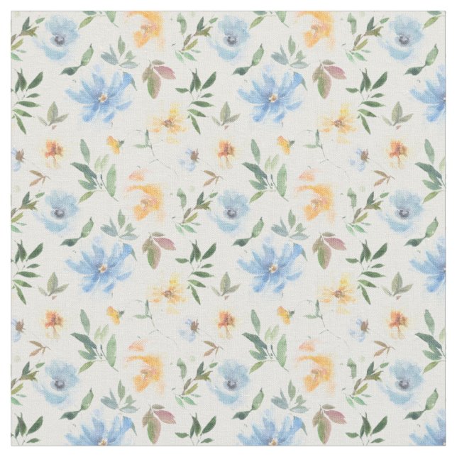 Yellow Blue Floral Muster Baumwollstoff Stoff (Nahaufnahme)