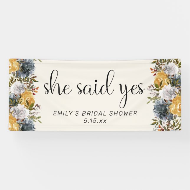 Yellow Blue Floral Sie sagte Yes Brautparty Banner (Horizontal)