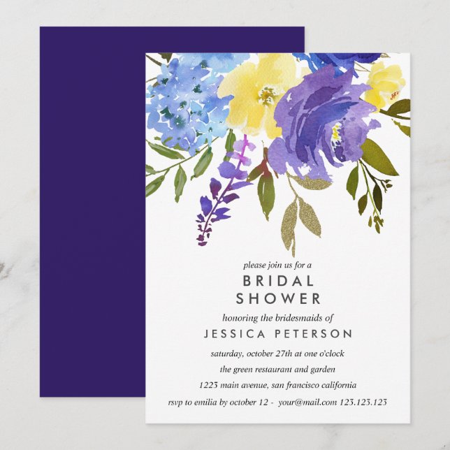 Yellow Blue Flowers Wedding Brautparty Einladung (Vorne/Hinten)