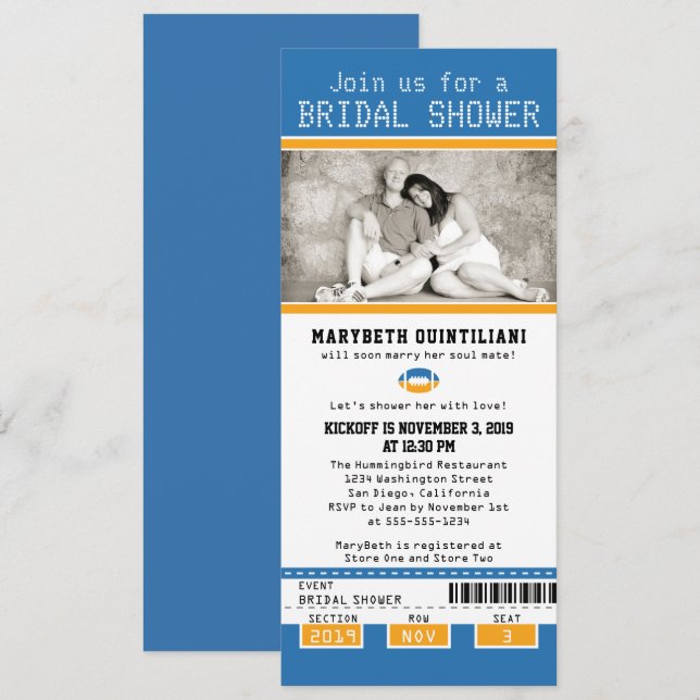 Yellow Blue Football Ticket Brautparty Einladung (Vorne/Hinten)