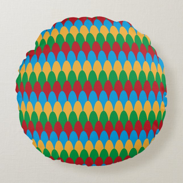 Yellow Blue Green & Red Geometric Scallops Rundes Kissen (Vorderseite)