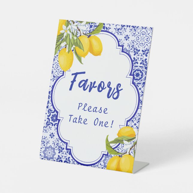 Yellow Blue Italian Lemon Brautparty Favor Sockelschild (Vorderseite)