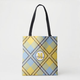 Yellow Blue Kariert Tartan Monogram Script Wedding Tasche
