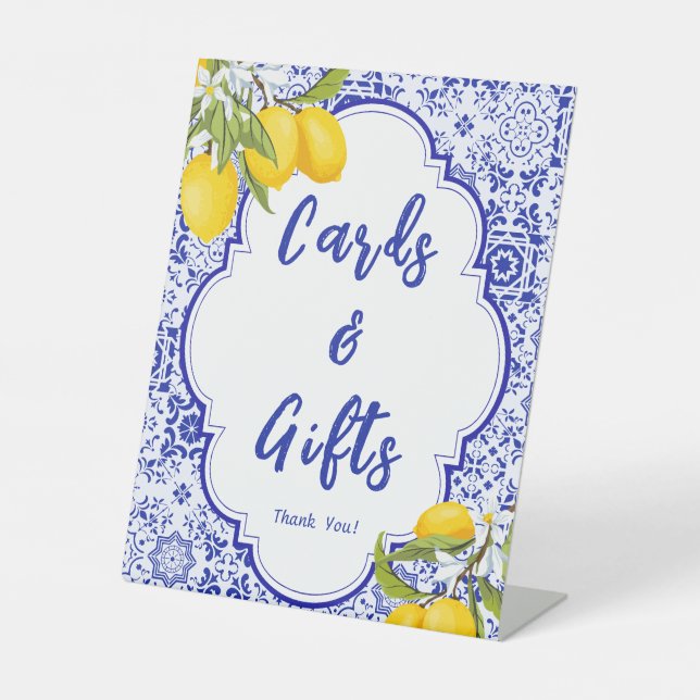 Yellow Blue Lemon Brautparty Karten und Geschenke Sockelschild (Vorderseite)