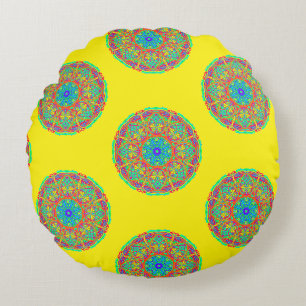 Yellow Blue Mandala Boho Reversible Round Pillow Rundes Kissen