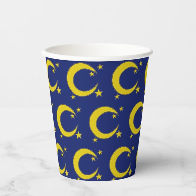 Yellow Blue Night Sky Crescent Moon Stars Abend Pappbecher (Vorderseite)