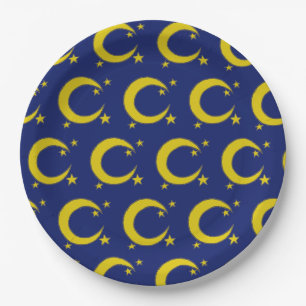 Yellow Blue Night Sky Crescent Moon Stars Abend Pappteller