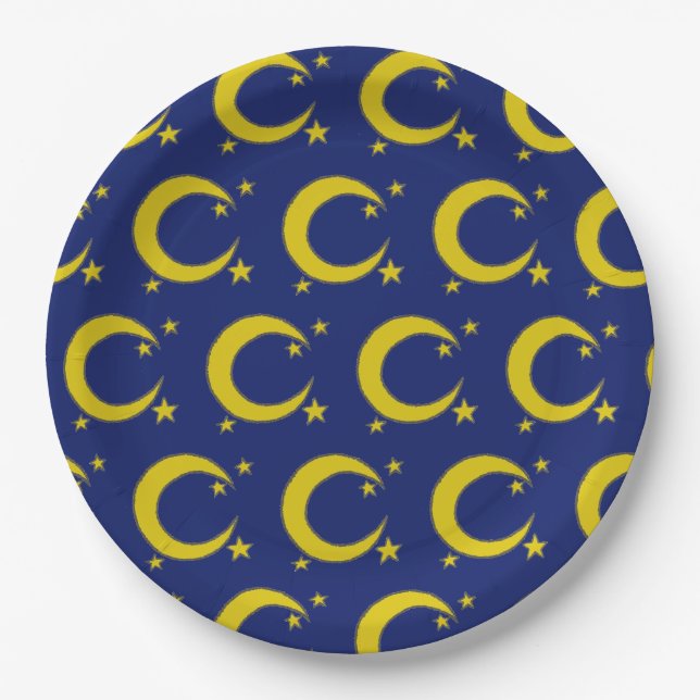 Yellow Blue Night Sky Crescent Moon Stars Abend Pappteller (Vorderseite)