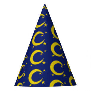 Yellow Blue Night Sky Crescent Moon Stars Abend Partyhütchen