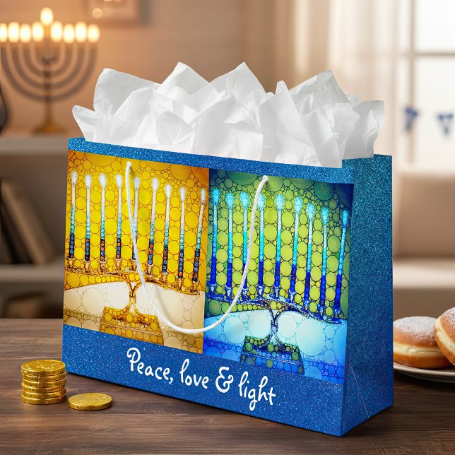 Yellow Blue Peace Liebe Light Hanukkah Menorahs Große Geschenktüte (Von Creator hochgeladen)