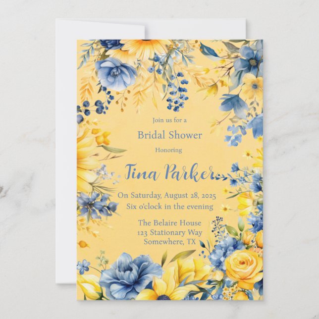 Yellow Blue Peony Watercolor Brautparty Einladung (Vorderseite)