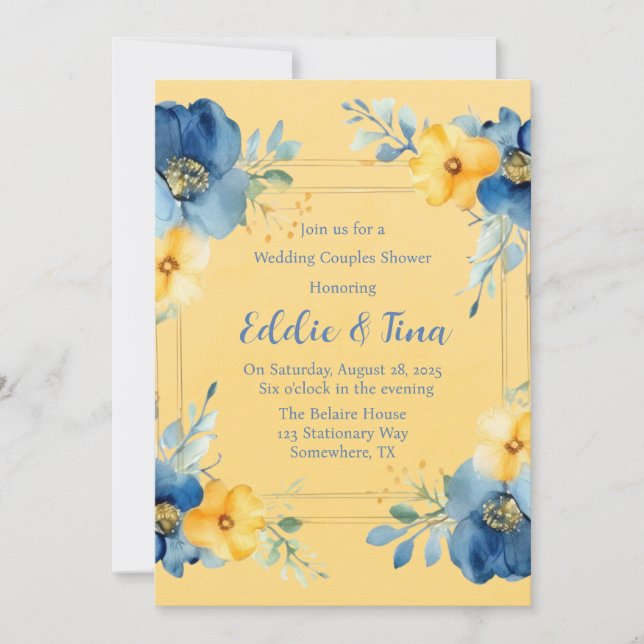 Yellow Blue Peony Wedding Couples Dusche Einladung (Vorderseite)
