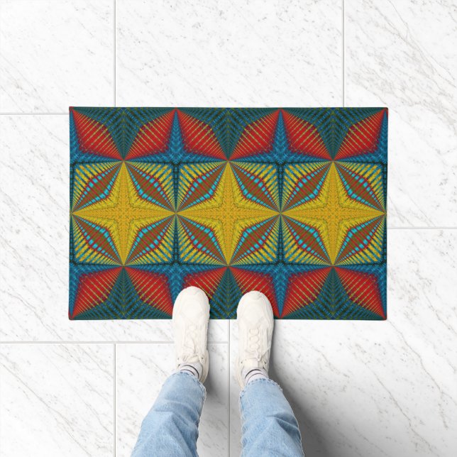 Yellow Blue Red Brown Abstrakt Modern Boho Tribal Fußmatte (Indoor)