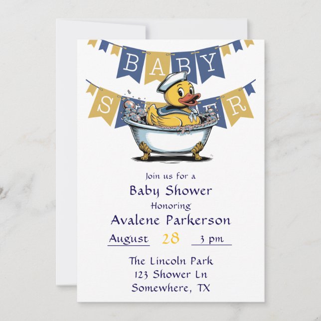 Yellow Blue Rubber Duck Boy Baby Showdusche Einladung (Vorderseite)