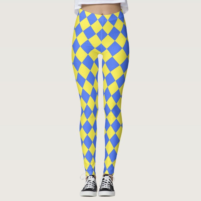 Yellow Blue Schachbrett Diamond Pattern Leggings (Vorderseite)