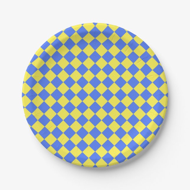 Yellow Blue Schachbrett Diamond Pattern Pappteller (Vorderseite)