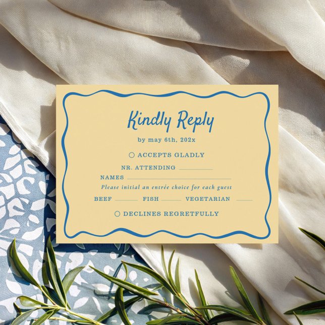 Yellow & Blue Striped Wedding RSVP Karte (Von Creator hochgeladen)