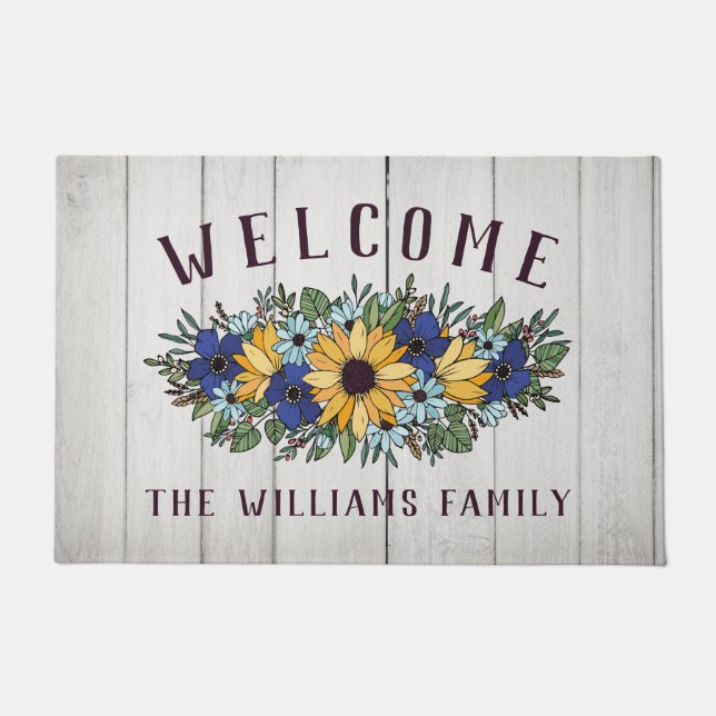 Yellow Blue Sunflower Bouquet White Wood Welcome Fußmatte (Vorderseite)