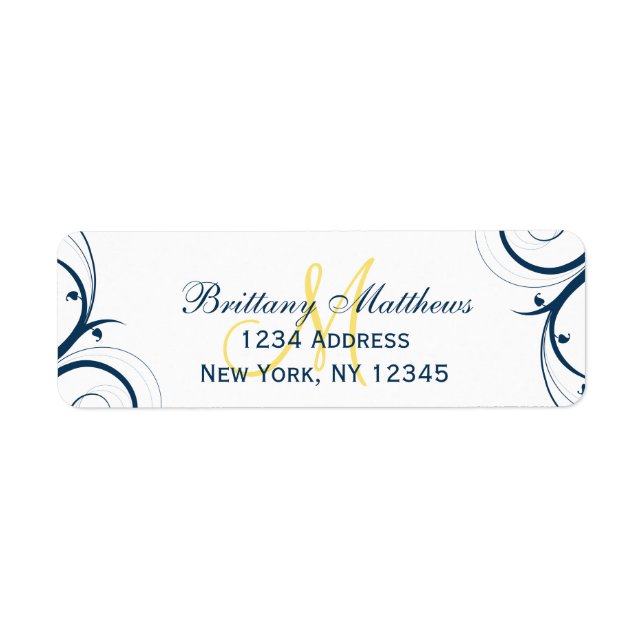 Yellow Blue Swirl Wedding RSVP Adressetikett (Vorne)