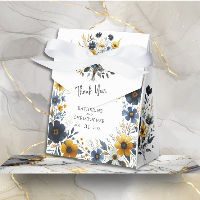 Yellow Blue Wildblume Elegant Wedding Danke Geschenkschachtel (Blue Yellow Elegant Wildflower Thank You Favor Box with White Bow for wedding gifts or treats.)