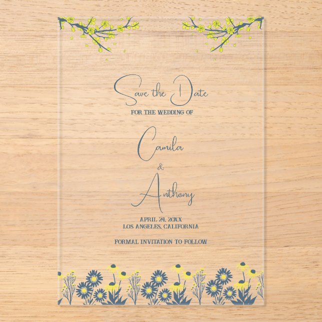 Yellow Blue Wildblume Floral Boho Wedding Acryleinladungen (Vorderseite)