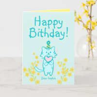 Yellow Blume&Blue Cat mit Hut und Herz zum Geburts